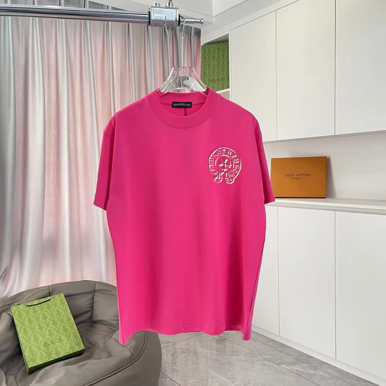 🅿️170 ch Cro* 2025 summer new style Sanskrit cross horseshoe print short-sleeved T-shirt customized fabric 300g same style for men and women Size: S M L XL XXL five sizes Color: black white rose red iron gray